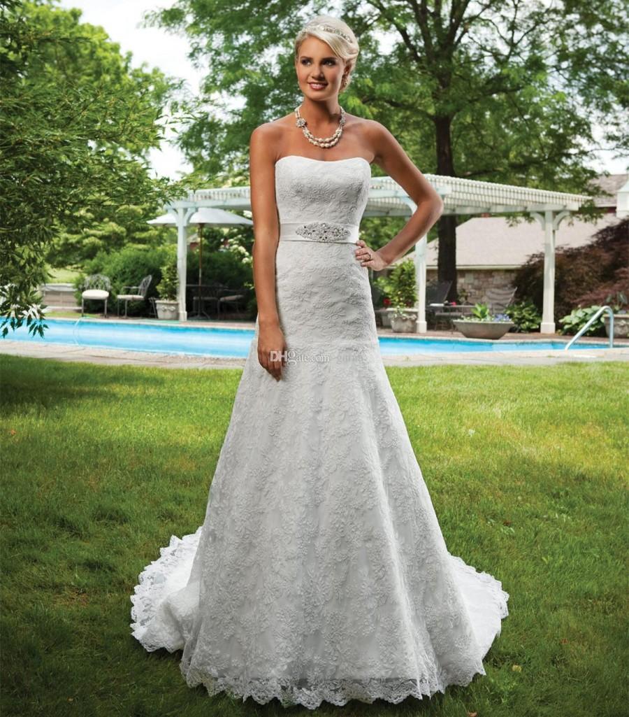 Hochzeit - Lace Wedding Dresses Strapless A-line Beaded Bridal Dresses Chapel Train Empire Sleeveless Bridal Gowns with Beaded Ribbon Sash Online with $165.45/Piece on Gama's Store 