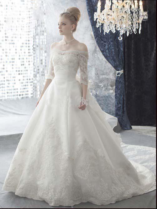 Wedding - Bateau Half Sleeves Two Tiers Long Train Wedding Dresses with Huge Handmade Flower on the Back And Lace Online with $219.9/Piece on Gama's Store 