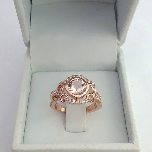 Hochzeit - 14k Rose Gold Vintage Morganite Engagement Ring Diamond Wedding Band 6.5mm Round Pink Peach Morganite Ring