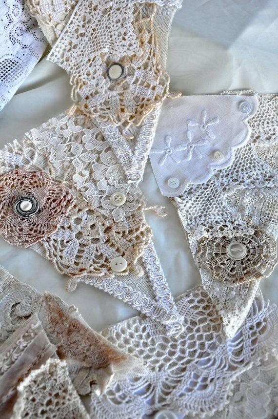 Свадьба - Vintage Lace And Linen Bunting -5 Flags 4ft Wide- Wedding -Shabby Chic Decor- Window Valance -photo Booth Prop