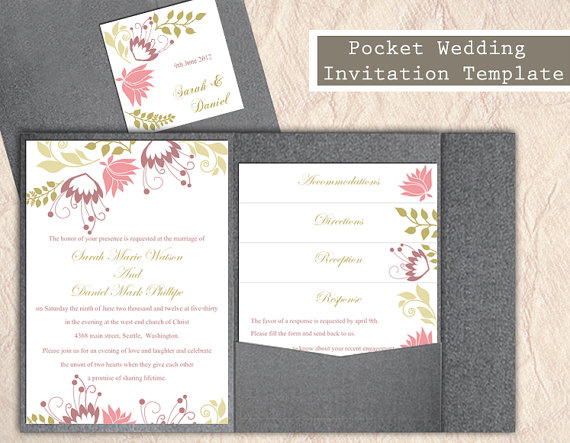 Wedding - Pocket Wedding Invitation Template Set DIY Download EDITABLE Text Word File Floral Invitation Colorful Invitations Printable Invitation