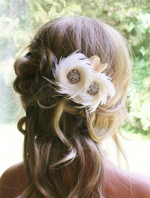 زفاف - Ivory Feather Fascinator, Hair Accessory, Bridal Feather Fascinator Hair Clip, Wedding Headpiece