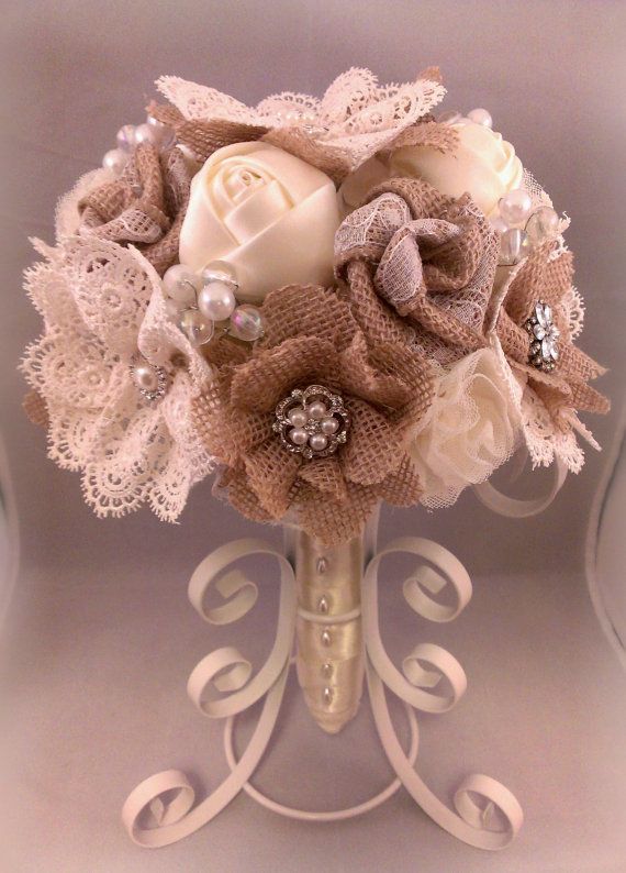 Hochzeit - Rustic Romantic Burlap And Lace Bouquet; YOUR COLORS Also Available - With Vintage Style Brooches Buttons And Pearls, Shabby Chic Bouquet
