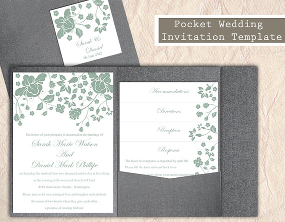 Hochzeit - Pocket Wedding Invitation Template Set DIY Download EDITABLE Text Word File Floral Invitation Green Wedding Invitation Printable Invitation