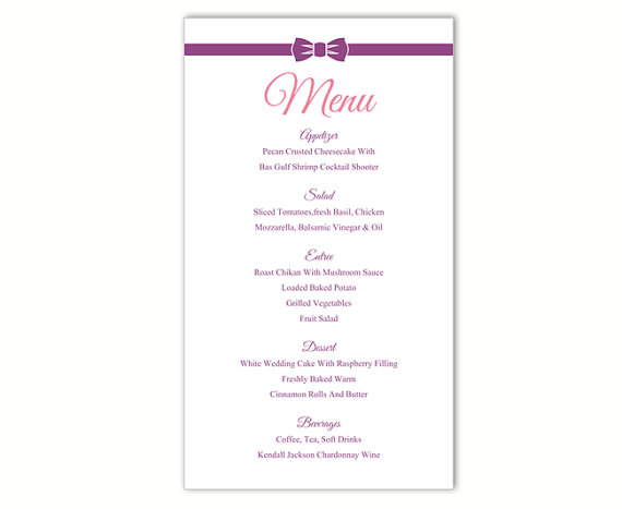 Свадьба - Wedding Menu Template DIY Menu Card Template Editable Text Word File Instant Download Purple Bow Menu Eggplant Menu Printable Menu 4x7inch
