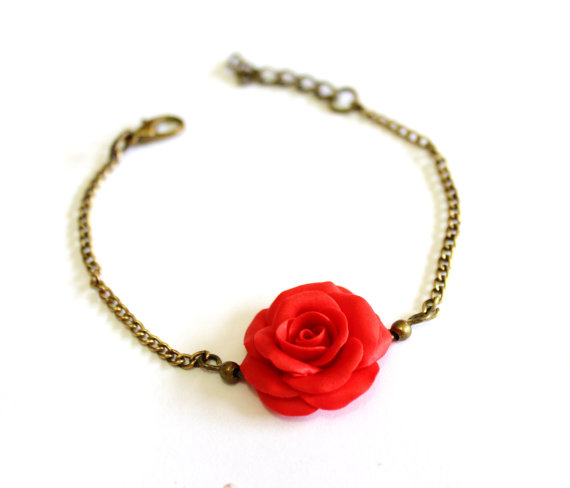 Hochzeit - Red Rose Bracelet, Rose Bracelet, Red Bridesmaid Jewelry, Red Rose Jewelry, Summer Jewelry
