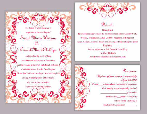 Wedding - DIY Wedding Invitation Template Set Editable Word File Instant Download Printable Peach Invitation Red Wedding Invitation Beige Invitations
