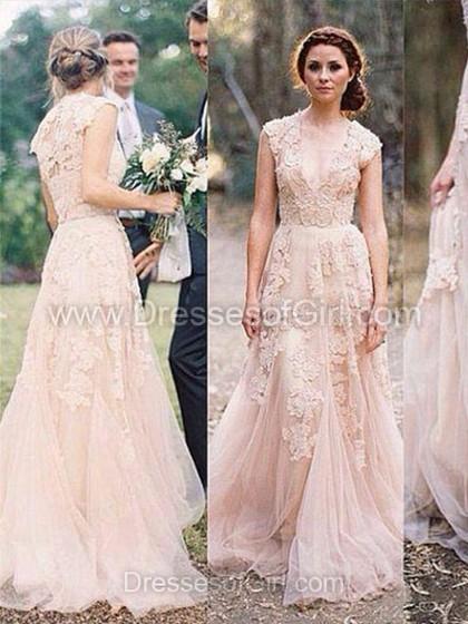زفاف - A-line V-neck Tulle Sweep Train Appliques Lace Wedding Dresses