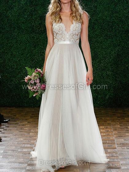 زفاف - A-line Tulle Floor-length Lace Wedding Dresses