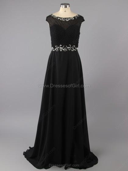 Hochzeit - A-line Scoop Neck Chiffon Tulle Sweep Train Beading Prom Dresses
