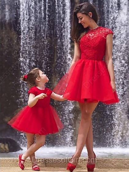 Wedding - A-line Scoop Neck Lace Tulle Short/Mini Ruffles Prom Dresses