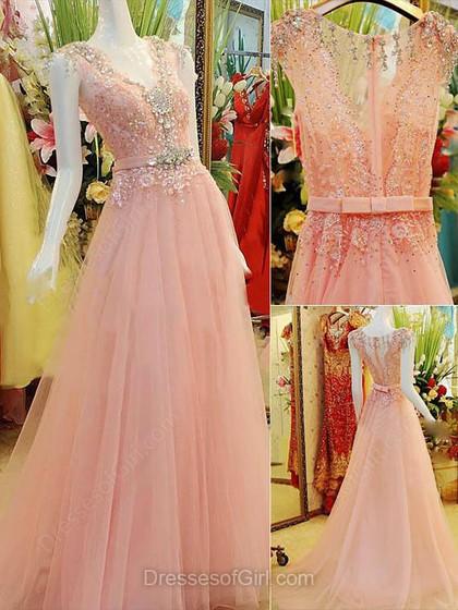Mariage - A-line V-neck Tulle Elastic Woven Satin Sweep Train Beading Prom Dresses
