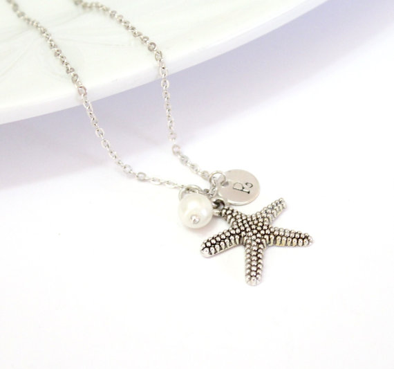 Hochzeit - Personalized Starfish Necklaces, Starfish Necklaces, Bridal Gift, Bridesmaid Necklaces, Starfish And Pearl Necklaces, Beach Wedding