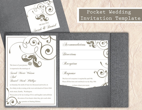 Hochzeit - Pocket Wedding Invitation Template Set DIY Download EDITABLE Text Word File Floral Invitation Gray Wedding Invitation Printable Invitation