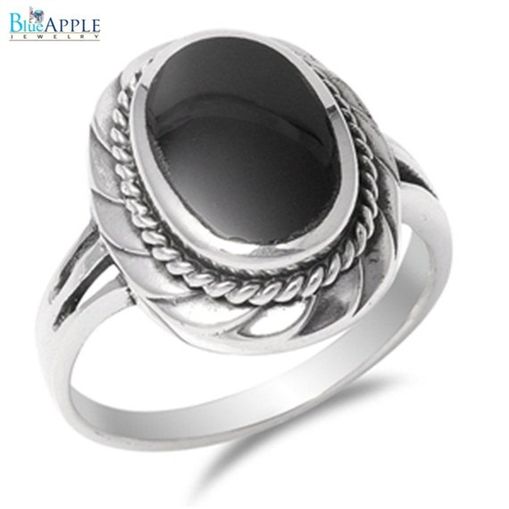 Mariage - Oval Black Onyx Rope Edge Ring Black Onyx Gemstone Ring Solid 925 Sterling Silver Split Shank Rope edge Fashion Engagement Wedding Ring