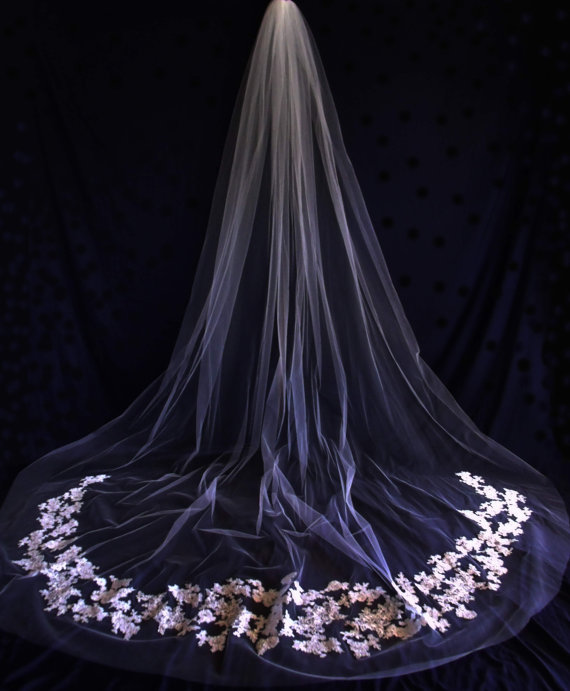 Свадьба - White, ivory or Diamond white Bridal Wedding Cathedral veil with Swarovski crystals and pencil edge