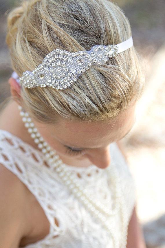 Свадьба - Wedding Satin HEADBAND Bridal Sash Belt Hair Facinator  Belt Pearls & CRYSTALS Vintage Style. Victorian Style, Satin Ribbon
