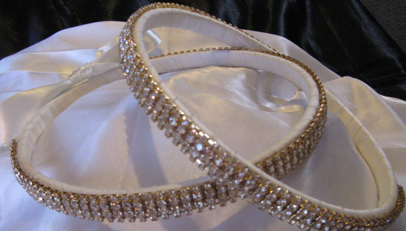 زفاف - Greek Stefana  Wedding Bridal Crown Orthodox 14K Yellow Gold Plated Clearr Crystals Ivory or White CLEARANCE LAST ONE Gorgeous
