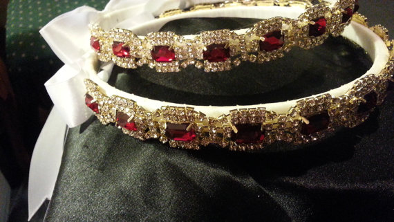 زفاف - STEFANA Crowns Wedding Bridal Greek 14K Yellow Gold Plated  Clear Swarovski Crystal & Red Austrian Crystal, Hair Accessory