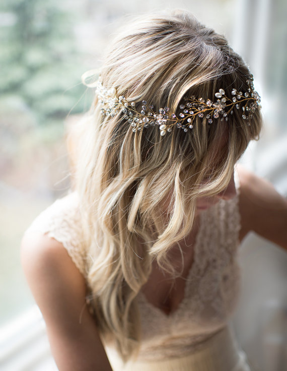 زفاف - Gold Boho Forehead hair Halo, Bridal Flower Hair Crown, Hair Vine, Hair Wreath, Wedding Pearl Hair Vine, Boho Wedding Headpiece - 'EDEN'