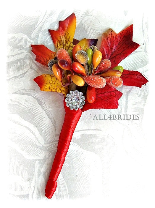Свадьба - Autumn Fall Leaves Wedding Boutonniere,  persimmon and burnt orange wedding accessories