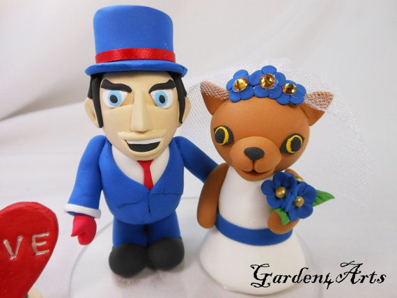Wedding - Custom wedding cake topper--Love MASCOT couple with circle clear base--NEW