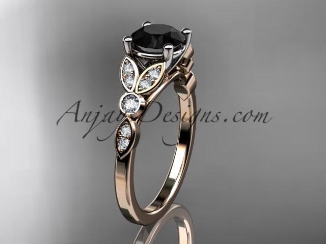 Mariage - 14k rose gold unique engagement ring, wedding ring with a Black Diamond center stone ADLR387