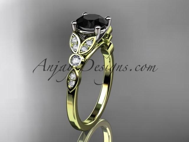 زفاف - 14k yellow gold unique engagement ring, wedding ring with a Black Diamond center stone ADLR387