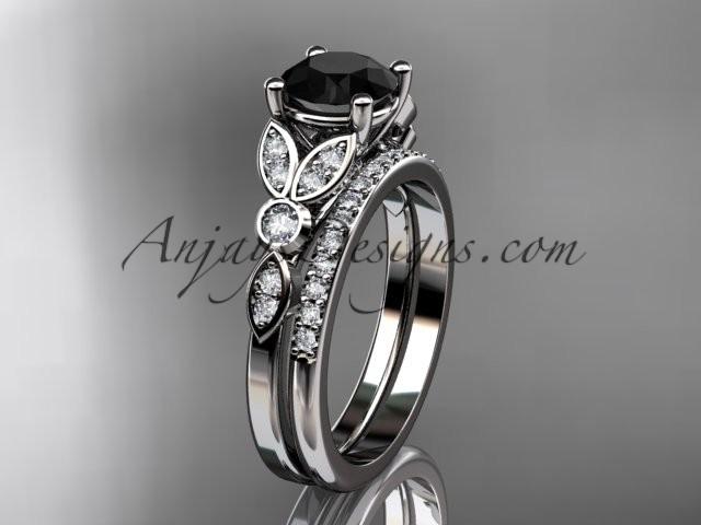 Свадьба - 14k white gold unique engagement set, wedding ring with a Black Diamond center stone ADLR387S