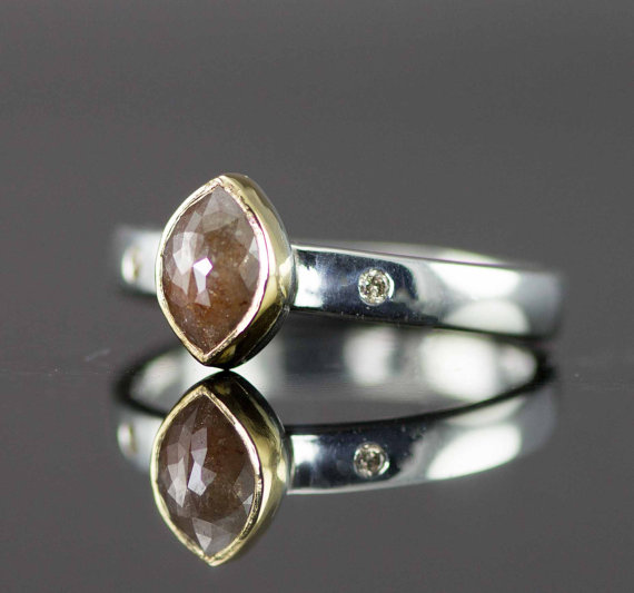 زفاف - Marquis Rose Cut Diamond Engagement Ring - Raw Natural Brown Diamond in 22k Gold and Sterling
