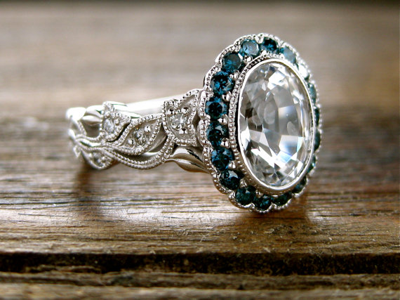 زفاف - Oval White Sapphire Engagement Ring in 14K White Gold with Teal Blue Diamonds in Vine Motif Setting Size 6