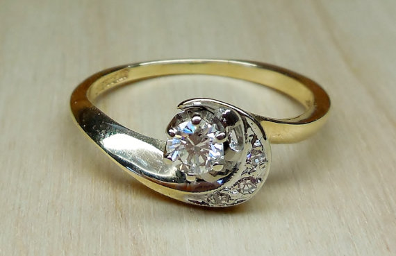 Hochzeit - Vintage Antique .25ct Diamond Unique Engagement Ring Art Deco 1940's 14k White & Yellow Gold Mid Century Retro