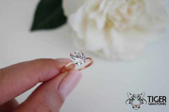 زفاف - 1.5 carat 7mm Solitaire Engagement Ring, Round Man Made Diamond Simulant, Wedding, Promise Ring, Bridal, Sterling Silver, Rose Gold Plated