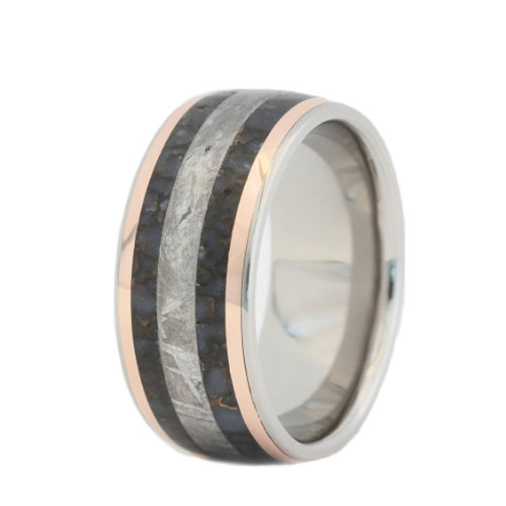Hochzeit - Dinosaur Bone Ring, Gibeon Meteorite Ring, Two 14K Rose Gold Pinstripes