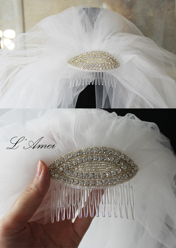 Hochzeit - Elbow Length Double Tulle Ivory Bridal Veil with Rhinestone Comb