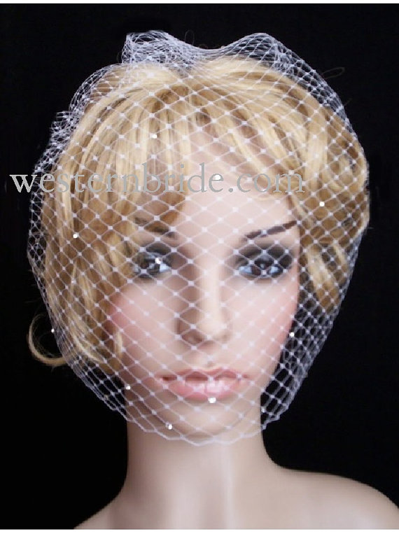 Wedding - Ivory Birdcage veil . Full veil made with Russian nes and decorated with Swarovski crystals. With comb ready to wear.