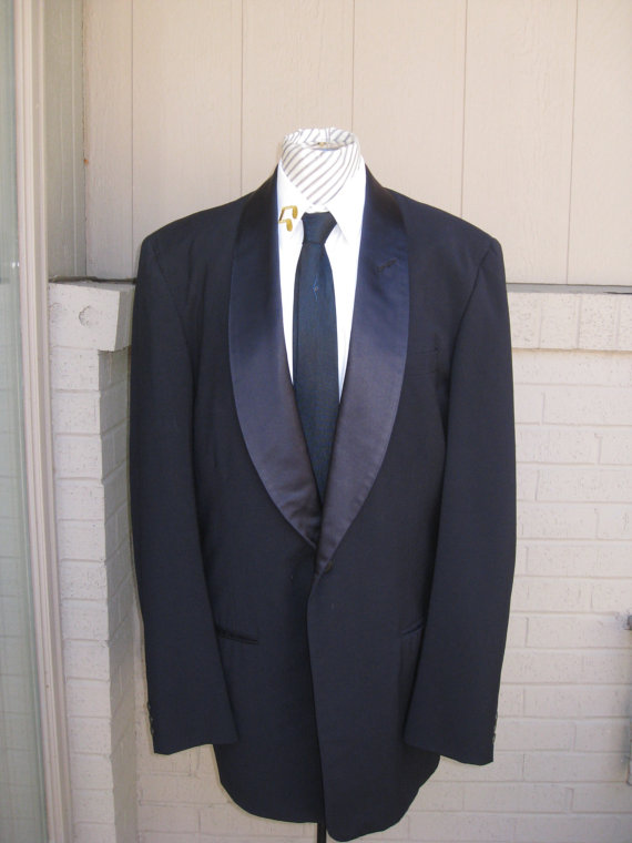 Свадьба - Mid Century Men's Shawl Collar Navy/Black Tuxedo/ Satin Stripe Trousers, Collar/ Suspenders  By Haricon Size 42- 44/34