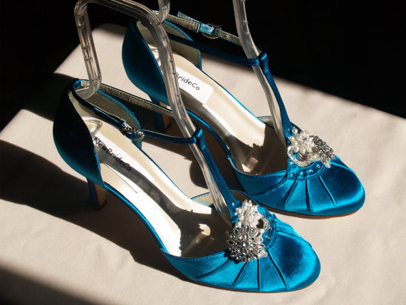 زفاف - Teal Wedding Shoes mid heels Vintage style closed toes 40s style shoes