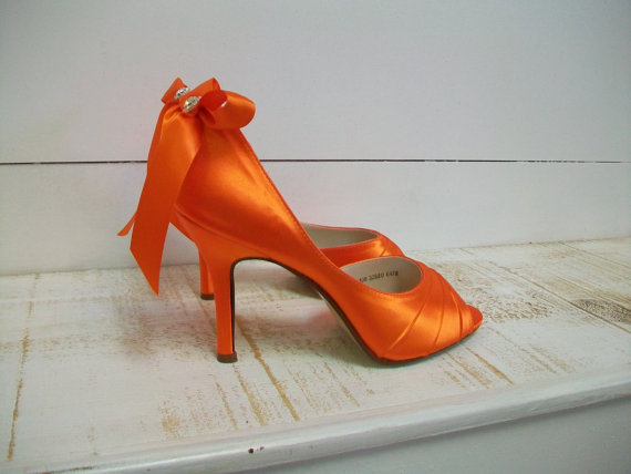 Wedding - Wedding Shoes - Orange Shoes - Bows On Heels - Orange Wedding - Orange High Heel - Peep Toe - Choose From Over 100 Colors - Bride - Parisxox