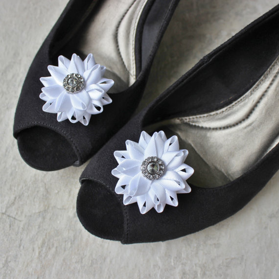 Mariage - Flower Shoe Clips, Wedding Shoe Clips, Rhinestone Center, Flowers for Bridesmaid Shoes, Flowers for Bridal Shoes, Wedding Ideas