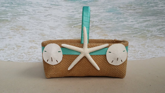 زفاف - Starfish & Sand Dollar Flower Girl Basket - Beach Wedding  - Tropical - Hawaii - Burlap Rustic Sanddollar Flowergirl