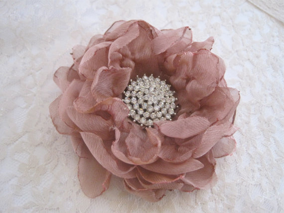 Mariage - Hair Clip Wedding Rose Gold Colored Stunning Chiffon Flower Wedding Bride Bridesmaid Mother of the Bride Prom with Rhinestone Accent
