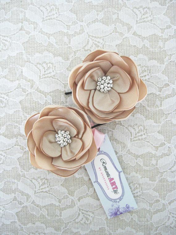 Mariage - Champagne Bridal Hair Piece. Champagne Flower Set of 2. Bridal Hair Accessory.