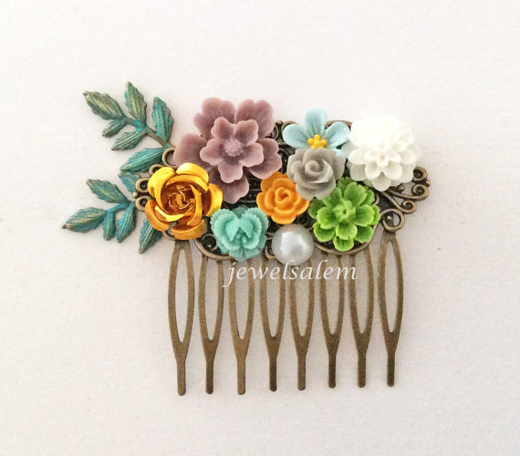 Mariage - Woodland Wedding Hair Comb Floral Bridal Headpiece Flower Leaf Branch Olive Green Gold Mustard Yellow Mauve Taupe Teal Aqua Boho Romantic WR