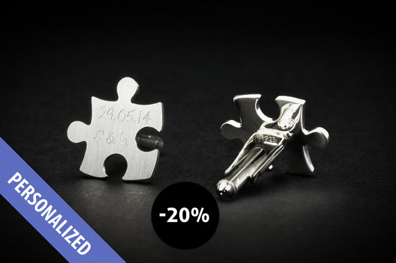 Hochzeit - Wedding cuff links sterling silver, puzzle cufflinks engraved with wedding date or bride and groom initials