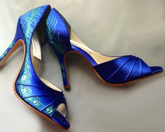 زفاف - Something blue Wedding Shoes , painted Peacock Feather Shoes, sapphire blue shoes, sexy high heels shoes, deep blue custom painted shoes,