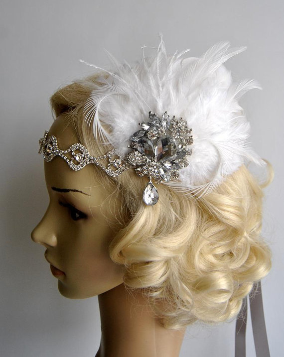 Wedding - Rhinestone Flapper headband,1920's flapper Headpiece, The Great Gatsby, rhinestones headband, vintage rhinestone brooch, silver black