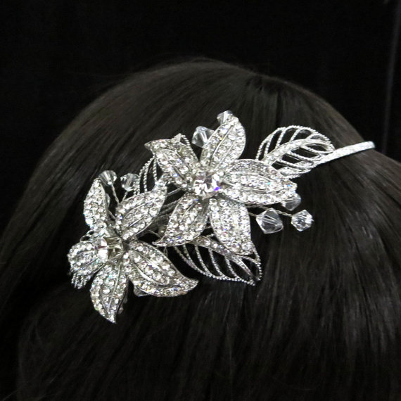 Wedding - Rhinestone flower headband, Bridal headband, Bridal flower headpiece, Flower and leaf hair accessory