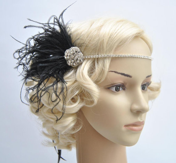 Hochzeit - Crystal Rhinestone Headband Headpiece, 1920s flapper gatsby Headband, Wedding Headband, rhinestone feather Headband