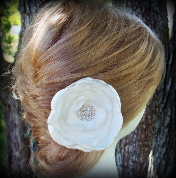Mariage - Bridal Ivory Shantung Floral Fascinator  - Head Piece or Brooch Pin - Rhinestone - Many Colors